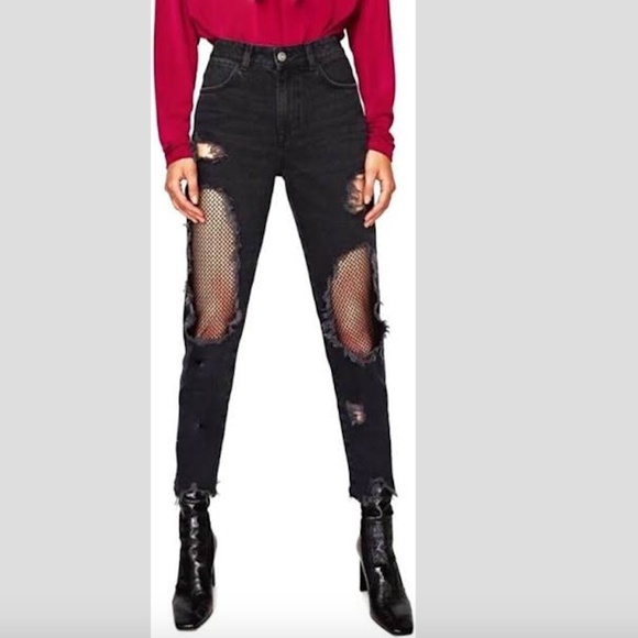 Zara High Rise Black Distressed Fishnet frayed hem Jeans Goth Grunge - Picture 4 of 14